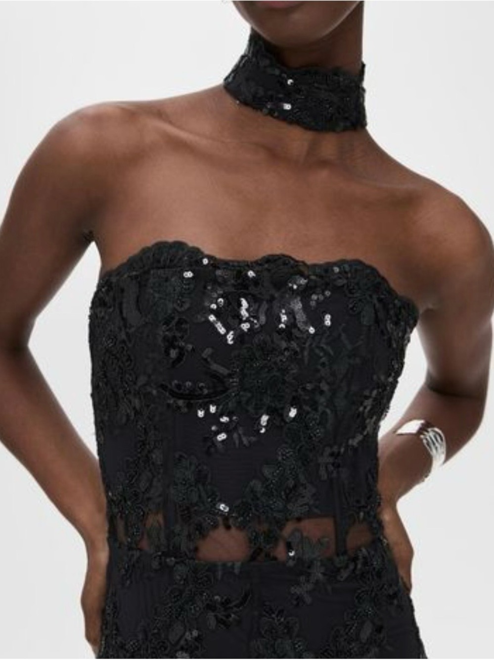 Alice + Olivia Strapless Black Lace Sequin Jumpsuit - Picture 2 of 8